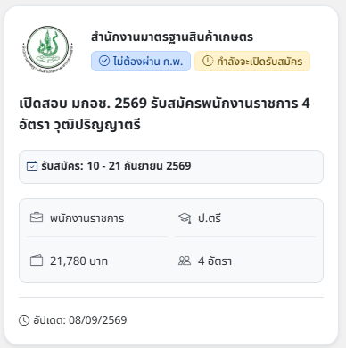 SorbtidJobs's tweet photo. 📢 เปิดสอบ มกอช. 2569 รับสมัครพนักงานราชการ 4 อัตรา วุฒิปริญญาตรี
📌 รับสมัครบุคคลเพื่อเลือกสรรเป็นพนักงานราชการทั่วไป
⏳ สมัครได้ตั้งแต่ 10 – 21 กันยายน 2569
📥 ดูรายละเอียด/วิธีสมัครคลิก: https://t.co/ArkLBIt0PP
#งานราชการ #พนักงานราชการ #หางานราชการ https://t.co/KOjbydNxkQ