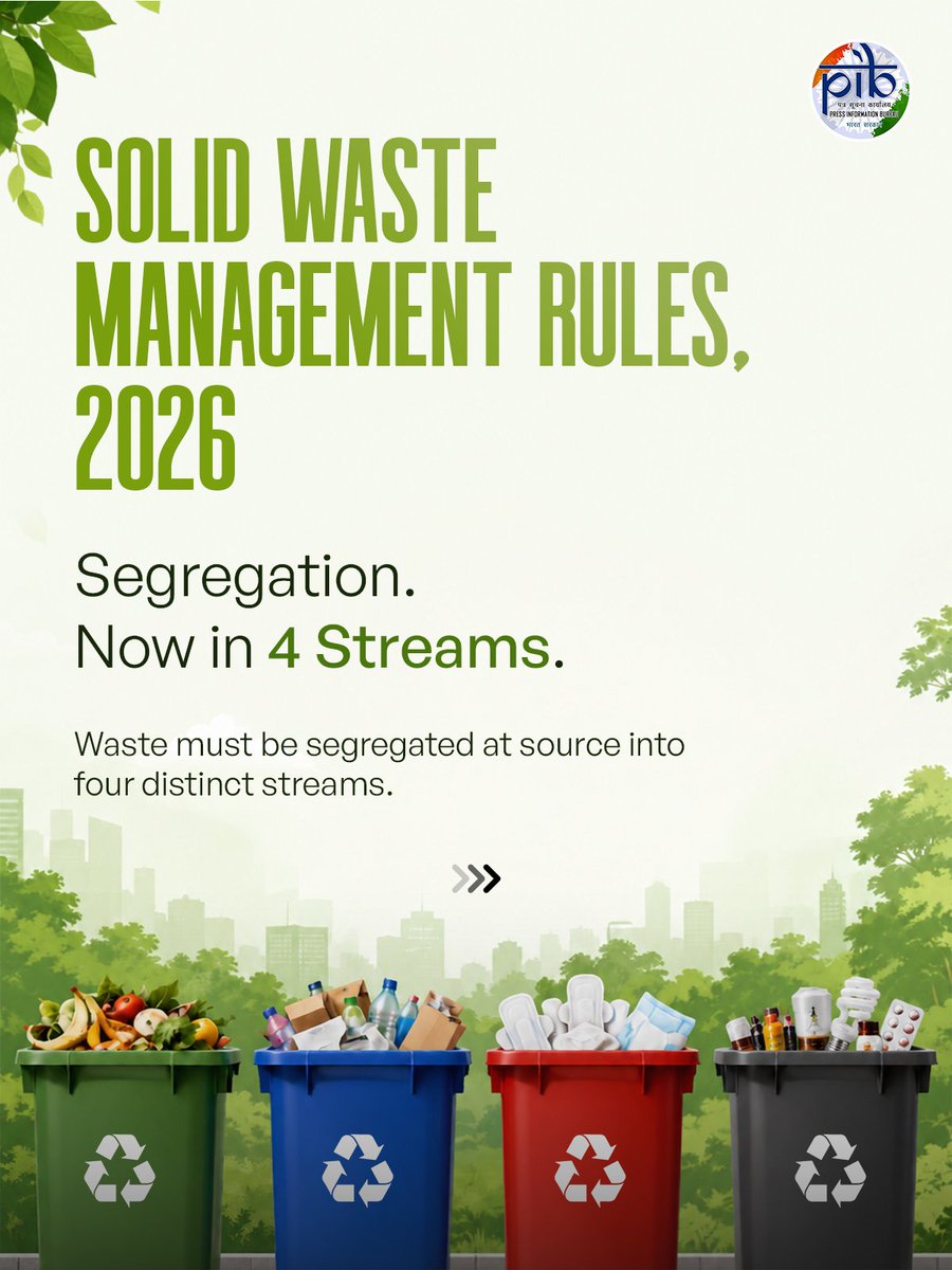 AIRNews_Chennai's tweet photo. #SBMG | #SWMRules2026 | #SwachhBharat | #LifestyleForEnvironment

♻️ அனைத்து கழிவுகளும் ஒரே மாதிரியானவை அல்ல. அப்படியிருக்க, அவற்றை ��ரே முறையில் ஏன் கையாள வேண்டும்?

➡️ திடக்கழிவு மேலாண்மை விதிகள் 2026, கழிவுகளை முறையாகத் தரம் பிரித்து மேலாண்மை செய்வதற்கான தெளிவான அணுகுமுறைய��� அறிமுகப்படுத்துகின்றன. 

இதன்படி, கழிவுகள் நான்கு தனித்தனி வகைகளாகப் பிரிக்கப்படுகின்றன.

@MIB_India | @PIB_India | @mygovindia | @moefcc | 
@SwachhBharatGov | @swachhbharat | @airnewsalerts