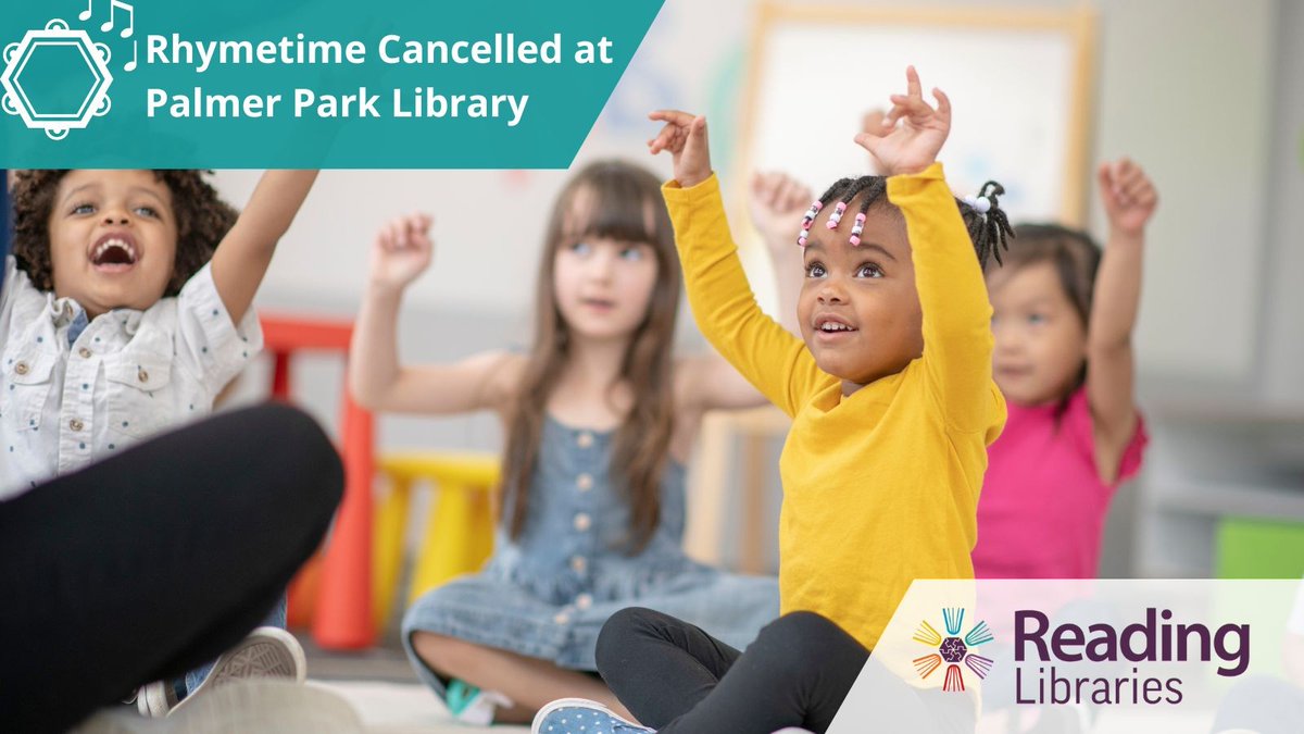 readinglibrary's tweet photo. Rhymetime at 10.30am is cancelled at Palmer Park library this morning.  As an alternative there are drop-in sessions at the Central library at 10.15am and 11.15am. We apologise for any inconvenience. https://t.co/R5DaBXlC1G