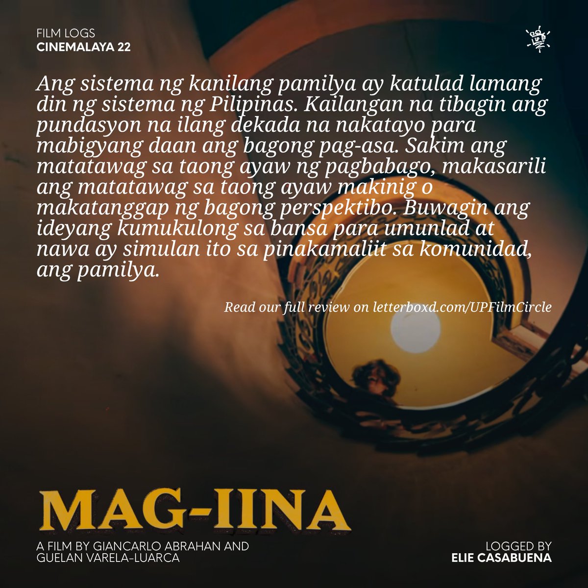 UPFilmCircle's tweet photo. Ang Mag-Iina (Mothering) ay isang pelikulang hindi mo maaasahan ang mga susunod na mangyayari. Kinakalaban nito ang ideolohiya ng pag-ibig at dangal ng isang pamilya.
BASAHIN: https://t.co/d88SD6F3Tg
#Magiina
#CinemalayaXXII https://t.co/uWVhCFu2pB
