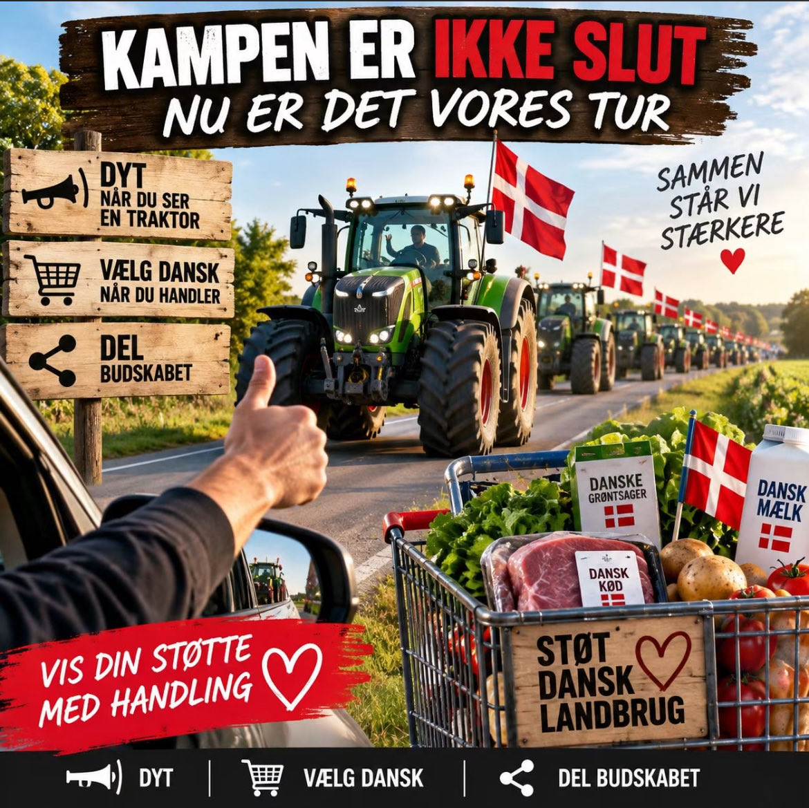Kentfrihedniels's tweet photo. 🚜 KAMPEN ER IKKE SLUT – NU ER DET VORES TUR

L5 er vedtaget. Landmændene har kæmpet, demonstreret og stået sammen. Forleden stod traktorerne igen samlet på en mark. Men nu vender hverdagen tilbage, og det bliver måske sværere at holde gejsten oppe. Derfor er det nu, vi andre skal vise, at landmændene ikke står alene.

Del deres budskaber. Tal deres sag. Og lad dine indkøb tale. Vælg dansk kød, danske grøntsager og danske varer, når du kan. Gå uden om udenlandske varer, når der findes et dansk alternativ. Butikkerne kan mærke det, når vi vælger dansk. Det virker.

🚜 Ser du en traktor, så DYT! Det tager kun et øjeblik, men det viser landmanden, at du støtter ham. Del dette budskab, få andre med og vis din støtte med handling. Landmændene har taget kampen. Nu er det vores tur til at vise, at de ikke står alene. 🇩🇰🚜 

Del del del 🇩🇰🐄💚

https://t.co/wCgGOT0JTK