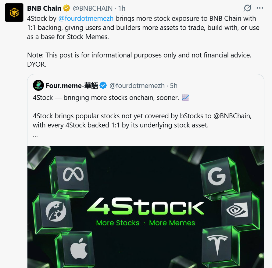 stitchdegen's tweet photo. $4STOCK has probably been one of the hottest tickers on BSC over the past few hours.

I think most people already have a rough idea of what 4Stock does, so I don’t want to turn this into another docs recap

What I care about more is :

Why is the market pricing this narrative so aggressively, what is BNB actually trying to do with meme x stocks, and how do I view $4STOCK after its first major run?

1. Quick recap of the narrative

4Stock is https://t.co/HpBwD2n2ZS’s new direction for Stock Memes on BNB Chain

For stocks that don’t have a bStock yet, https://t.co/HpBwD2n2ZS can bring them onchain first through 4Stock

Users send USDC, https://t.co/HpBwD2n2ZS uses that capital to purchase the actual underlying stock, then mints an equivalent amount of 4Stock based on the number of shares actually purchased

Those assets can then be traded onchain, but more importantly, they can also be used as base pairs for communities to launch Stock Memes on https://t.co/HpBwD2n2ZS

The basic flow is :

real stock => 4Stock => base liquidity => Stock Meme

And once an official bStock for that underlying becomes available, the corresponding 4Stock is designed to be convertible into that bStock

But that’s the product layer

The $4STOCK token we’re trading is not a stock tokenized 1:1

I see it more as a meta token betting that this entire Stock Meme machine becomes a major narrative on BNB

That distinction is the first thing you need to understand before playing this

2. The timing of this narrative is pretty good imo

Meme x stocks isn’t exactly new

If you’ve been following my posts over the past few days, you already know this wave ran hard on Robinhood Chain before attention started rotating toward SOL

BSC also tried to catch the wave with $BREW, but imo after that brutal dump and all the bundle FUD, it failed to create the confidence BSC needed for this narrative

But even then, I kept thinking one thing :

There’s no way BNB is going to sit out a meta that’s attracting this much volume

And this time, the approach looks much more structured

There’s https://t.co/HpBwD2n2ZS, tokenized stocks, the BNC narrative, Stock Meme infrastructure and the broader Stonks season

BNB Chain has also previously amplified Stock Memes on https://t.co/HpBwD2n2ZS directly

That obviously doesn’t mean BNB is guaranteeing the chart of any token

But to me, it does show that the ecosystem actually wants to bring this rotation onto BSC, rather than this simply being a story created by a few KOLs around a random ticker

3. BNC4 is what made me pay more attention to the thesis

$BNC4 is the first 4Stock and probably the most interesting proof of concept so far

BNC already has its own narrative, with the market viewing it as something like a “MicroStrategy for BNB”

https://t.co/HpBwD2n2ZS chose BNC as the first underlying, brought it onchain as BNC4, and then allowed BNC4 to become a base asset for Stock Memes

More importantly, there has been real demand

https://t.co/HpBwD2n2ZS said it received more than $2M in mint requests shortly after launch

But that number needs to be understood correctly

This is the amount of mint requests reported by https://t.co/HpBwD2n2ZS, not onchain proof that every dollar of that $2M+ has already been processed and minted

https://t.co/HpBwD2n2ZS first needs to use the USDC to purchase the underlying BNC shares, then mint BNC4 according to the actual number of shares purchased

So additional BNC4 supply can continue entering the market as those requests in the queue are processed

And this is where the game gets interesting

4. Arbitrage is both bullish and bearish

BNC4 traded at a massive premium to the underlying BNC at one point

The gap was several times the actual stock price

At that point, the game becomes pretty straightforward :

mint near underlying value => receive BNC4 => sell into the premium on the secondary market

One notable case was 0xShawn, who minted and sold 6,666 BNC4, receiving roughly $231K USDT onchain. Media described it as an ~$230K arbitrage case while BNC4 was trading at a huge premium to BNC in after-hours trading

To me, this is both bullish and bearish

Bullish because it proves that the product is actually being used

People are depositing capital

People are minting

There’s secondary liquidity

There’s arbitrage

And communities are starting to use these assets as base pairs for Stock Memes

But it’s also bearish for the BNC4 premium itself

If an asset can be minted close to its underlying value and sold onchain for several times more, the market is basically paying arbitrageurs to :

mint more supply => sell the premium => pull the price back toward the underlying

So if BNC4 gradually moves closer to BNC, I wouldn’t necessarily see that as the product failing

If anything, that’s the arbitrage mechanism doing its job

5. But $4STOCK is a completely different game

This is where I think a lot of people are getting bullish for the wrong reason

BNC4 has an underlying asset. $4STOCK is not BNC4

Holding $4STOCK does not automatically give you ownership of BNC

You can’t redeem it 1:1 for stock

You don’t automatically receive the 1% mint fee

And you don��t automatically receive 50% of Stock Meme fees either

So I wouldn’t fundamental-value $4STOCK based on the amount of stock https://t.co/HpBwD2n2ZS holds in custody or the amount of USDC flowing into mints

What the market is actually buying with $4STOCK is much simpler :

“Can https://t.co/HpBwD2n2ZS become the center of Stock Meme season on BSC?”

If the answer is yes, the market could potentially treat $4STOCK as an attention/index token for the entire category

But that’s narrative premium

Not NAV

6. So what am I actually bullish on here?

I’m actually more bullish on the broader BNB Stock Meme season than on any single ticker

The current flow looks pretty interesting to me:

BNB narrative => BNC stock => BNC4 => 4Stock infrastructure => Stock Memes => $4STOCK speculation

And attention is moving through multiple layers of that flow

What I like most is that BNB now has exactly what a new meta needs :

a narrative that is “real” enough to support a fundamental story, but still degen enough to continuously create new coins and volume

That’s why I think https://t.co/HpBwD2n2ZS’s model is pretty clever

It isn’t trying to turn meme traders into stock investors

It takes something Wall Street understands , stocks - brings it onchain, then turns it into something the trenches understand best :

liquidity for launching memes

So this isn’t really DeFi for stocks.

It’s more like RWA becoming fuel for a new meme casino

7. But the easy money on $4STOCK is different now

This is probably the most important part of my view on the price action

Someone who entered extremely early has a completely different risk/reward profile from someone buying after the narrative has already gone viral

At this point, the market is no longer pricing an experiment nobody knows about

It’s starting to price in the assumption that https://t.co/HpBwD2n2ZS could win the Stock Meme season on BSC

So the next leg of upside needs execution

I want to see the 2nd, 3rd and 4th 4Stock

I want to see Stock Memes launched from those pairs actually produce runners

I want to see mint demand continue growing instead of stopping at the initial $2M+ figure

And most importantly, I want to see the BNB ecosystem continue amplifying this narrative

If those things happen, $4STOCK has a reason to keep carrying a premium as a meta token

If they don’t, attention can rotate into new tickers very quickly

Especially when $4STOCK itself hasn’t shown me any direct product cash flow flowing back to token holders

8. So what am I watching from here?

I’m not going to take the BNC stock price on Nasdaq and try to calculate some “fair value” for $4STOCK because there is no direct NAV relationship between the two

I’m watching four things :

Stock Meme volume - is it actually growing, or is all the volume just rotating around $4STOCK?

Mint demand - does demand for BNC4 and future 4Stocks continue?

New underlyings - does https://t.co/HpBwD2n2ZS keep bringing new stocks onchain, or does the entire narrative stop at BNC4?

And finally, BNB attention - does the ecosystem keep pushing this, or does attention rotate into another meta?

If all four continue expanding, the thesis is being validated

If $4STOCK keeps pumping while the activity underneath it stays flat, I’ll become much more cautious

A meme token trading ahead of its fundamentals is completely normal

What isn’t normal is looking at that market cap and assuming there is an equivalent amount of real assets sitting behind it

9. Final thoughts

After what happened with $BREW, I didn’t think BNB would let meme x stocks end there

Robinhood Chain opened the wave

SOL started following

And now https://t.co/HpBwD2n2ZS + the BNB ecosystem seem genuinely interested in bringing that rotation onto BSC

What makes 4Stock interesting to me isn’t simply the chart

The underlying product is real

Mint demand is real

The arbitrage is real

And the mechanism of using onchain stocks as base assets for Stock Memes has started working

Meanwhile, $4STOCK is the ticker the market is using to speculate on whether all of this becomes an actual season

So I’m pretty bullish on the narrative, but I’m not going to call $4STOCK an RWA or pretend its market cap is backed by an equivalent amount of stocks

If https://t.co/HpBwD2n2ZS keeps adding new stocks, creates more runners and BNB continues pushing the narrative, I think $4STOCK is positioned pretty well to become one of the main meta tokens representing the entire wave

But if everything stops at BNC4 and a few days of initial hype, that premium can disappear very quickly too

In one sentence :

BNB is experimenting with turning stocks into gas for memes.

The experiment is real.

$4STOCK is still the bet on whether that experiment succeeds

0xd270D4e1EC6e6E0d28C0ecB8BE966EC75997FFfF