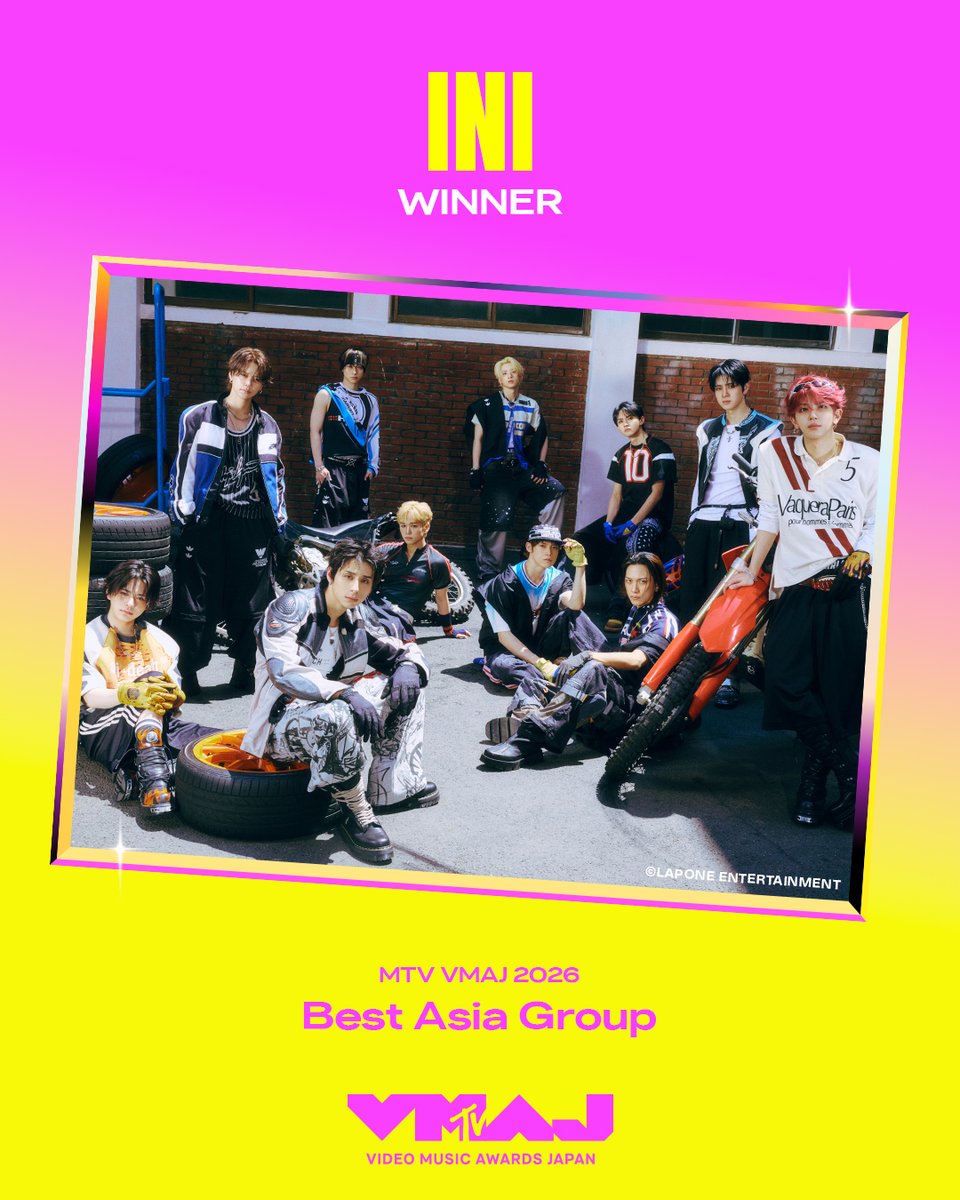 MTV_JAPAN's tweet photo. ／
#VMAJ2026 WINNER🏆
＼
 
INIが「Best Asia Group」を受賞！
 
詳細はこちら👇
https://t.co/e1c6Xaia93

@official__INI #INI https://t.co/IWVvLKBb9k