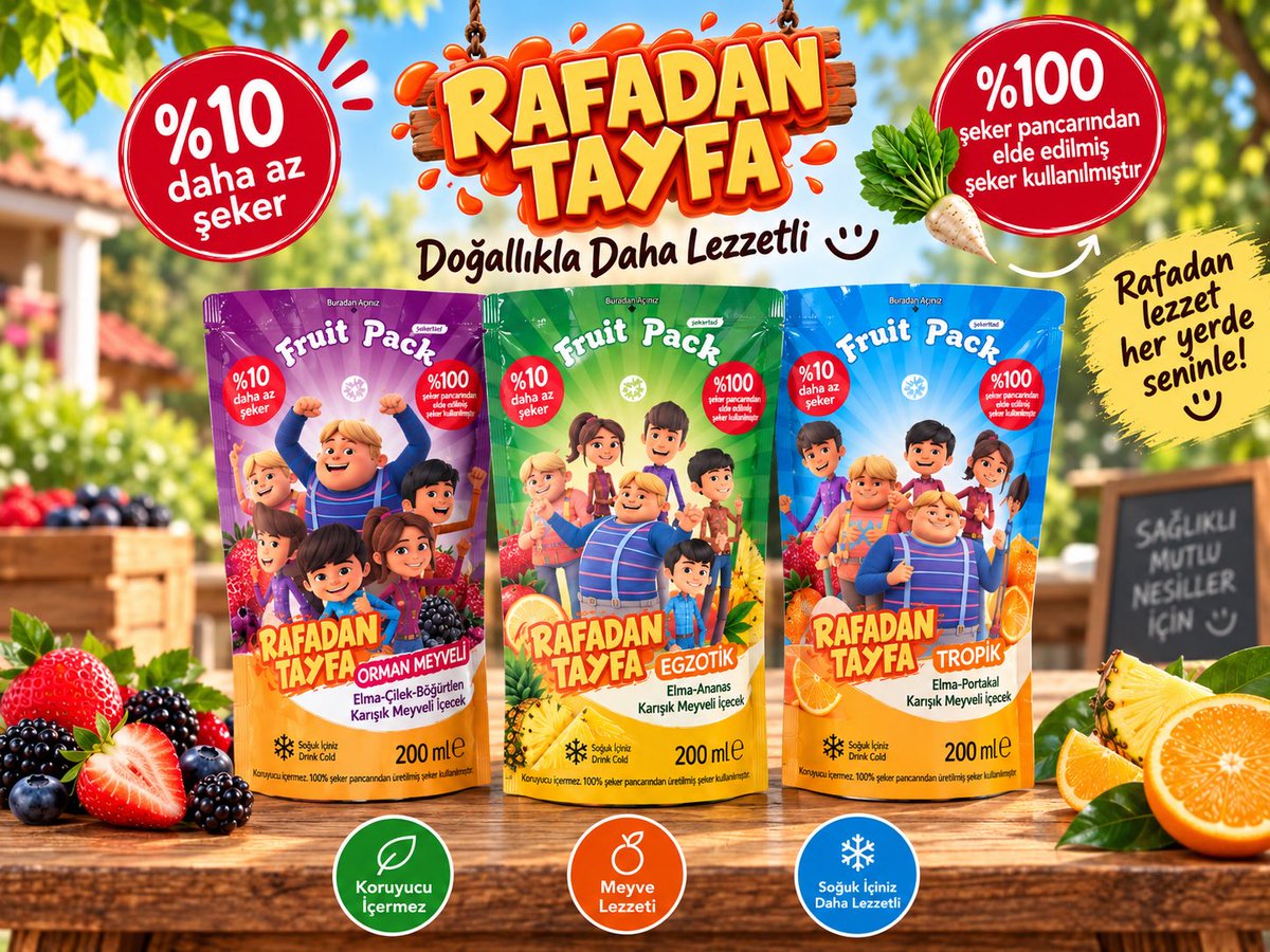 HarputKonagi's tweet photo. 🍓 Rafadan Tayfa ile meyve keyfi şimdi daha eğlenceli! 🥤✨

%10 daha az şeker, birbirinden lezzetli meyve aromaları ve %100 şeker pancarından elde edilmiş şekerle hazırlanan Fruit Pack çocukların favorisi olmaya hazır! 🌈🍍🍓

💚 Orman Meyveli
💛 Egzotik
💙 Tropik https://t.co/lz9HdEeTQq