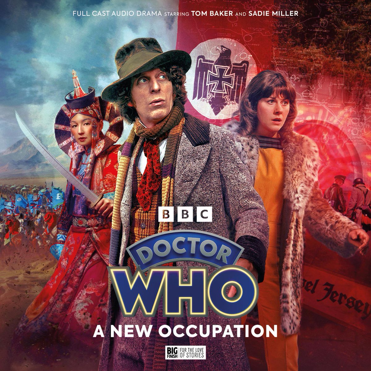 Sean Longmore's cover artwork for Doctor Who: A New Occupation. The Fourth Doctor and Sarah Jane Smith are ranged in the centre, looking to the right. Left, is Alakhai Bekhi holding a saber, with Mongol hordes behind. Right, are German forces and an iron cross flag near a time vortex.