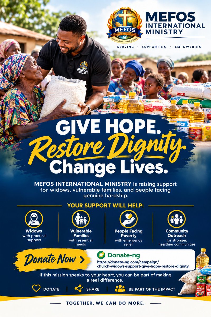 The_MEFOS's tweet photo. MEFOS INTERNATIONAL MINISTRY is raising support for widows, vulnerable families, and people facing genuine hardship.

https://t.co/V1bZoLewQ2

If this mission speaks to your heart, you can be part of making a real difference.
Donate. Share. Be part of the impact.
#Mefos  #charity https://t.co/wKUIm1DYKG