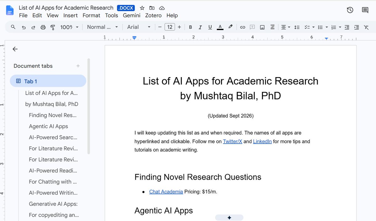 A screenshot of a Google doc titled "List of AI Apps for Academic Research" by Mushtaq Bilal, covering various AI tools for research, updated September 2026.