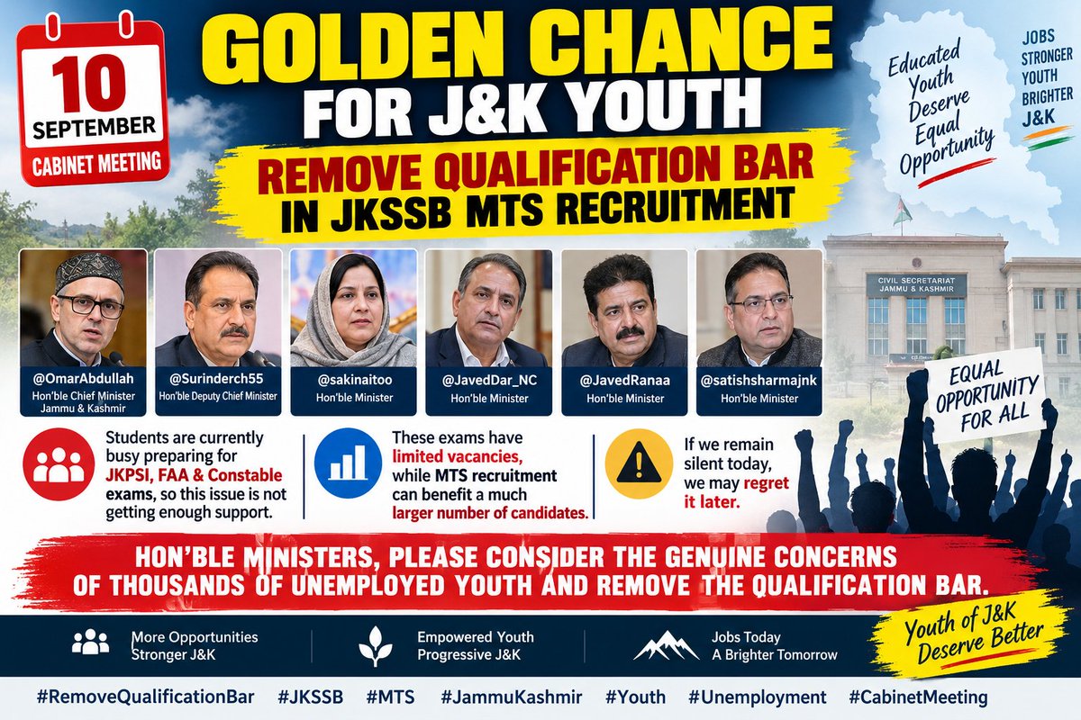 JKSSB2026's tweet photo. 🚨 10 SEPTEMBER — A GOLDEN OPPORTUNITY FOR J&K YOUTH!

The upcoming Cabinet Meeting is a crucial opportunity to REMOVE THE QUALIFICATION BAR from JKSSB MTS recruitment and ensure that highly educated candidates are not excluded from government jobs.

Students are currently busy preparing for JKPSI, FAA & Constable exams, so this issue needs your attention NOW.

Hon’ble @OmarAbdullah @Surinderch55 @sakinaitoo @JavedDar_NC @JavedRanaa @satishsharmajnk @nasirsogami
@JKSTUDENTSASSO
@NasirKhuehami 

Hon’ble Ministers, please consider the genuine concerns of thousands of unemployed youth and remove the qualification bar.

These opportunities are limited. If we remain silent today, we may regret it tomorrow.

#RemoveQualificationBar #JKSSB #MTS #JammuKashmir #Youth #Unemployment