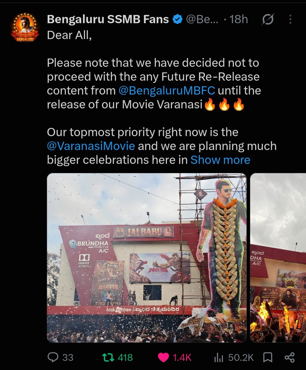 7200BCE's tweet photo. Abba sairam🙂‍↕️

Varanasi varaku ey Re-release ni kuda encourage cheyakandi🙏🏻 https://t.co/Y0YSG3Tbtt