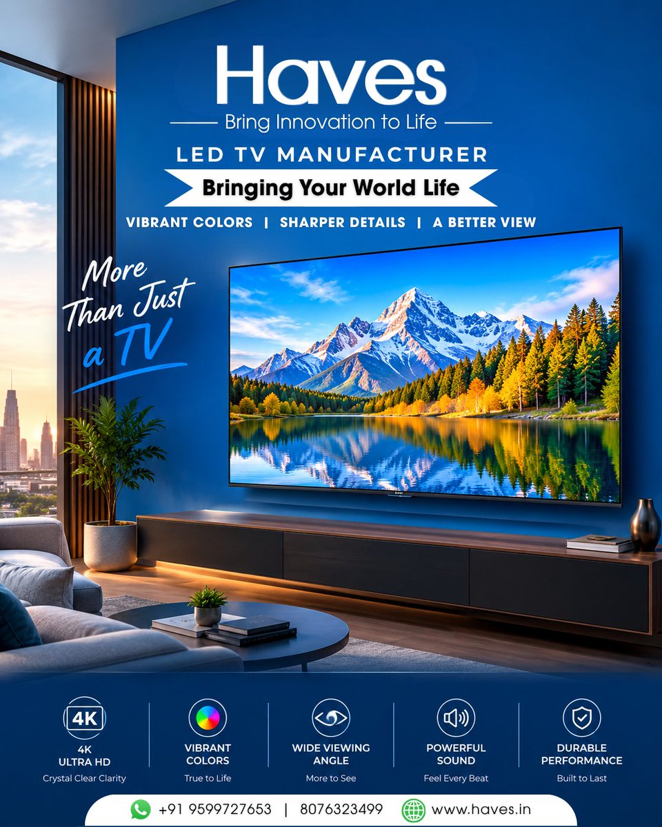 HavesIndia's tweet photo. Bring your world to life with Haves LED TVsโvibrant colours, sharper details, powerful sound, and a breathtaking 4K viewing experience.
๐ +91 9599727653
๐ https://t.co/AFViYTbTNY
#Haves #HavesTechnology #HavesLEDTV #BringInnovationToLife #4KUltraHD #SmartTV #VibrantColors https://t.co/mVCWoXUFCM