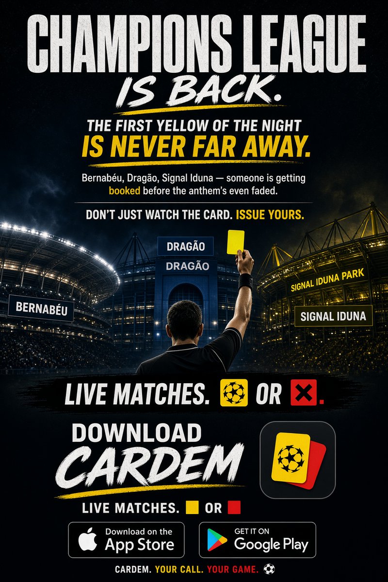 CardemLtd's tweet photo. European nights always produce one clip that ruins Tuesday morning. Be ready. Download Cardem, select tonight’s match, and when the referee reaches for a pocket — you reach for yours.

https://t.co/h7PlKfDh0V

Download Cardem before kick-off, select tonight’s Champions League match, and issue your Yellow or Red as the incidents happen.

#UCL #ChampionsLeague #RealMadrid #Inter #ManCity #Porto #BVB #Villarreal #AVFC #Cardem #WatchReactVote #YellowCard #RedCard #Matchnight #UEFA