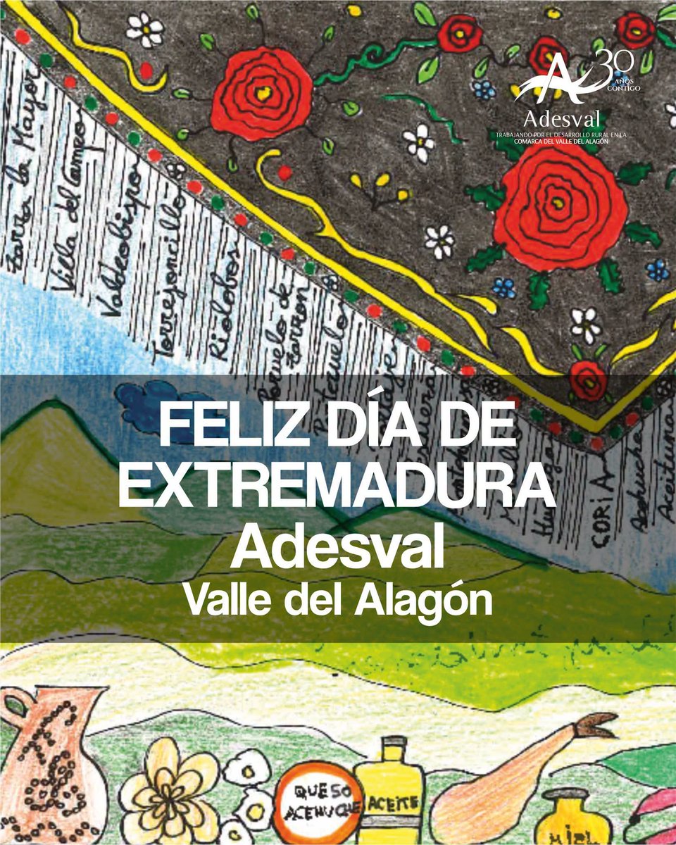adesval_org's tweet photo. En #Adesval llevamos más 30 años celebrando desde el #ValledelAlagón este gran día. Feliz #DíaDeExtremadura a tod@s. En esta ocasión lo hacemos con el precioso dibujo de Irene. Celebremos junt@s y compartamos todo los que nos une que es mucho y bueno... https://t.co/k8pgUtXbYc