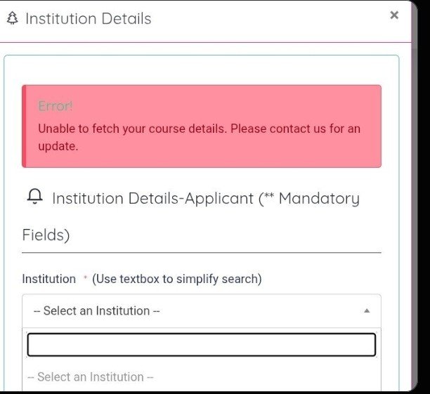 OjwangMutuli's tweet photo. @HELBpage Unable to fetch institution's/course details.

I have deleted the siblings details and refresh as earlier directed but no progress. 

ID: 1576497553

CDACC LEVEL 6 COURSE IN FOOD AND BEVERAGE

RONGO UNIVERSITY.

RU/TVET/08/26. https://t.co/Gr2ZM2dGGJ
