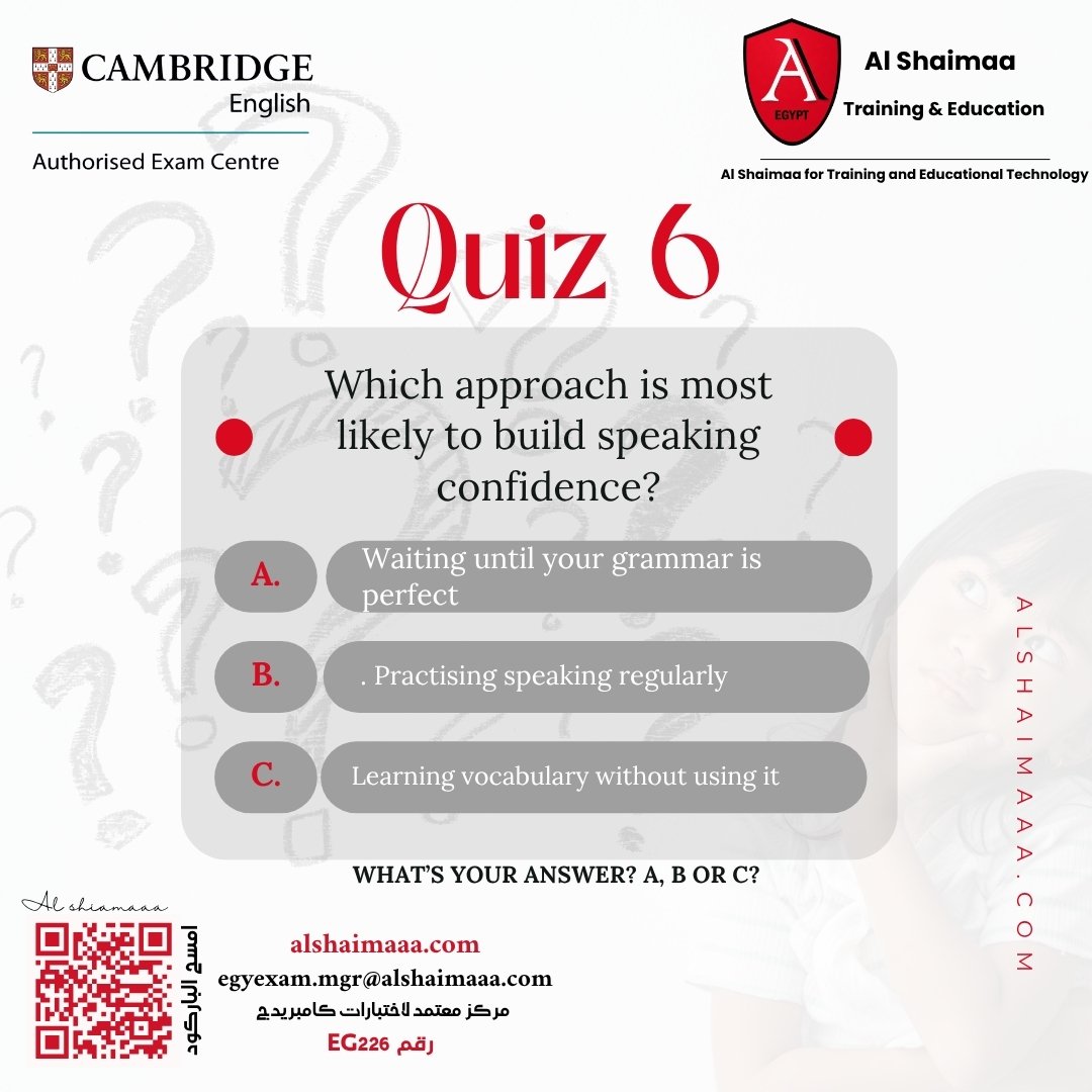 ALshaimaaEg's tweet photo. 🎒 Back to School… بس المرة دي هنختبر الـ English بتاعك! 👀🔥

جاهز للـ Quiz رقم 6؟ 😎

السؤال المرة دي:
إيه أكتر طريقة تساعدك تبني ثقة في الـ Speaking؟ 🗣️

A️⃣ تستنى لحد الـ Grammar بتاعك يبقى Perfect
B️⃣ تتدرّب على الـ Speaking باستمرار
C️⃣ تحفظ Vocabulary https://t.co/1oLwXEKrK7