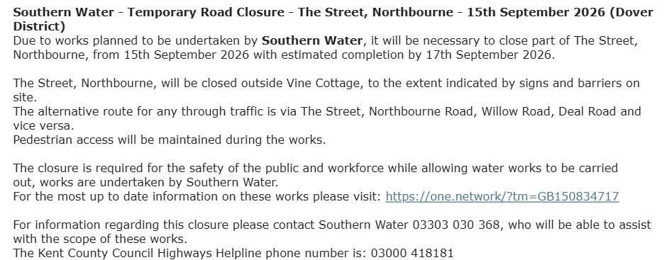 KentHighways's tweet photo. Northbourne, The Street: Road closed 15th - 17th September to allow for @SouthernWater  works: https://t.co/sMc1pEAKG2 https://t.co/ch7Uq7Rkgz