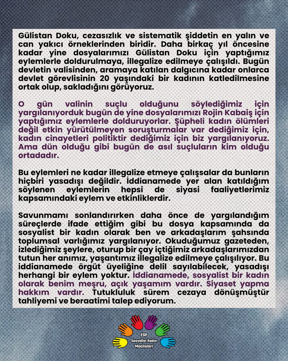 skmresmi2's tweet photo. 3 Şubat'tan bu yana tutsak edilen İstanbul İl Sözcümüz Leyla Can'ın ilk duruşması görülüyor. 

Yoldaşımızın savunmasını paylaşıyoruz. 

Kadın özgürlük mücadelemiz engellenemez. Leyla Can'a özgürlük! https://t.co/Tj5gF1OkzR