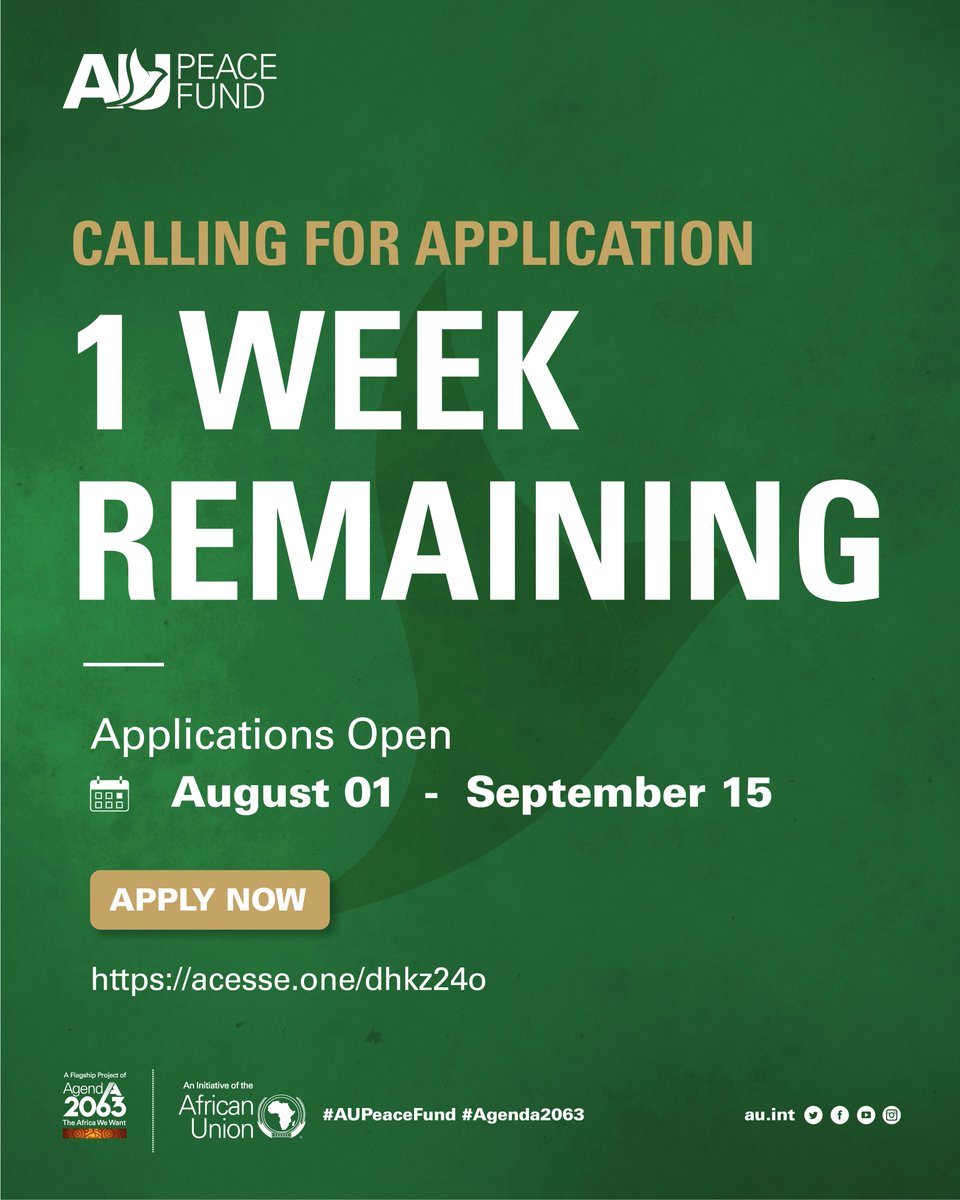 AUPeaceFund's tweet photo. Only one week remains to submit your application for the African Union Peace Fund Programmatic Windows – Funding Cycle 2028. Eligible beneficiaries are urged to apply for Peace Fund financing in support of initiatives that contribute
#AUPeaceFund #AfricanUnion #PeaceFinancing https://t.co/UAPvHTeXge