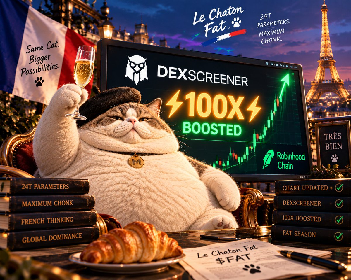 LeChatonFatRH's tweet photo. 24T parameters weren't enough.

So we added ⚡100X⚡ more chonk.

Dexscreener BOOSTED.
The heaviest model that never existed is now significantly harder to ignore. 🇫🇷🥐

$FAT ⚡100X⚡
#RobinhoodChain https://t.co/HQCinhmhIA