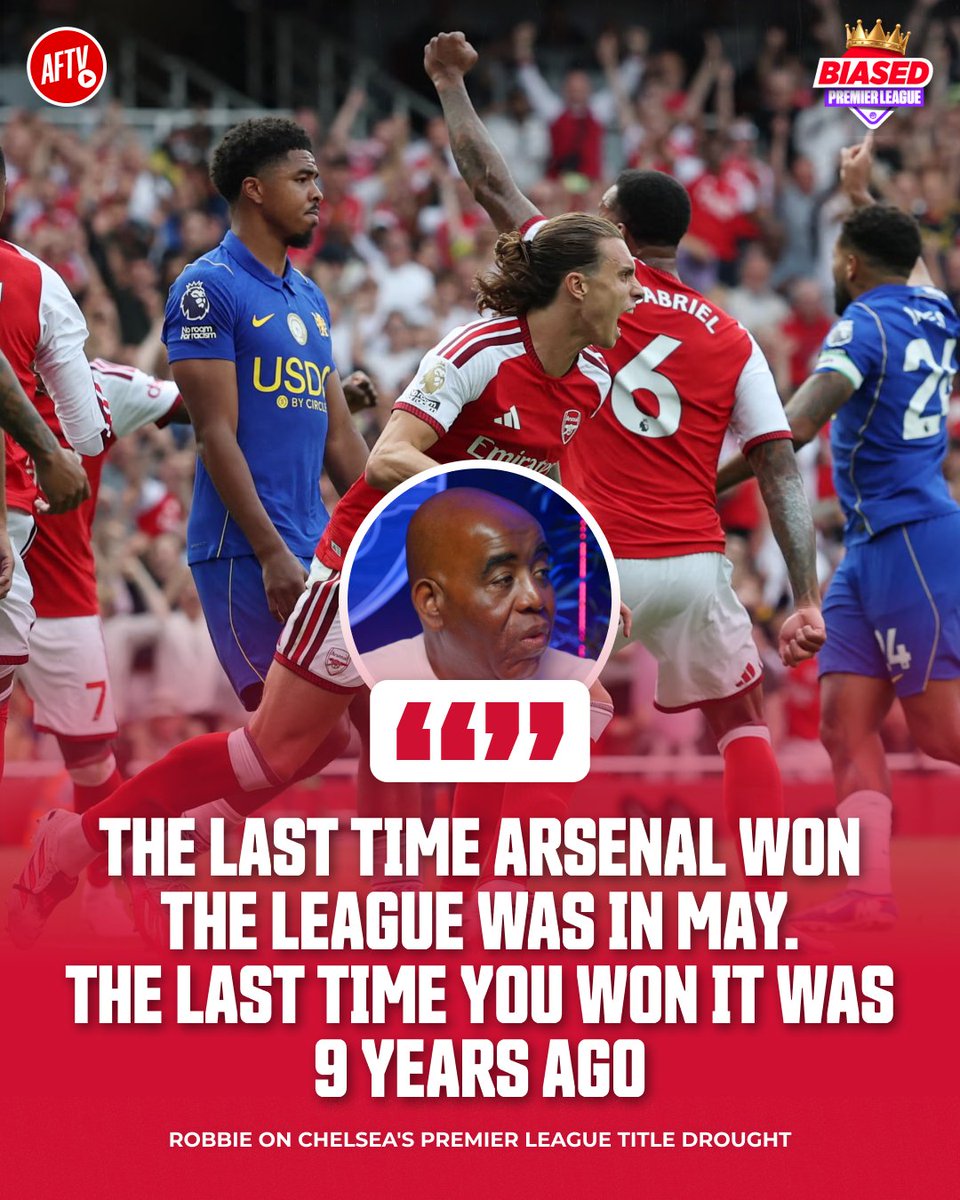 AFTVMedia's tweet photo. Chelsea can spend hundreds of millions, but Arsenal are the ones lifting the Premier League trophy 🔴🏆

#BiasedPremierLeague https://t.co/U1rbeO0Kni