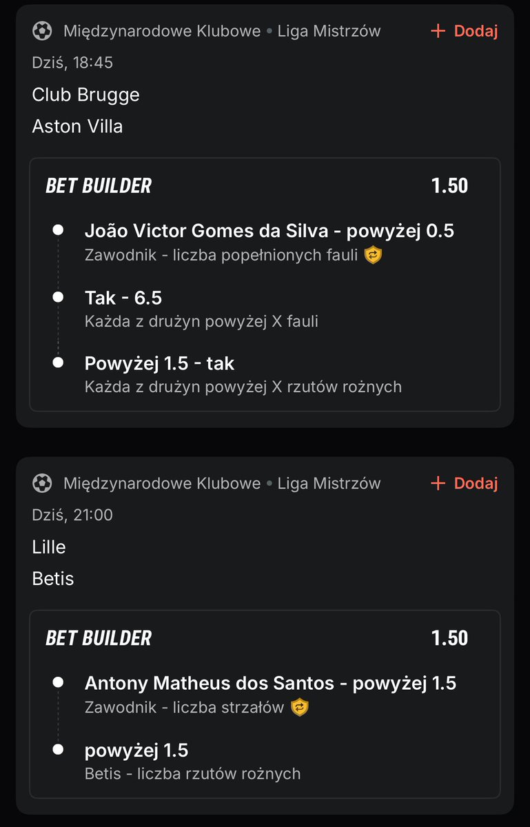 PatrykZT's tweet photo. DZIEŃ 1. Z LIGĄ MISTRZÓW 🏆

Sporo spotkań przed nami i oby ta edycja dla Typerów była udana! ✅

Ja zaczynam ten dzień od dubla z fajnymi kursami gdzie mocno skusiły mnie statystyki zawodników 📊

KURS: 2.25 📊

🎥 https://t.co/AibF5ys5jo

Club Brugge - Aston Villa 🇪🇺

Brugge powyżej 1.5 rożnego - 30/30 ✅
Aston Villa powyżej 1.5 rożnego - 30/30 ✅

Obie drużyny powyżej 6.5 fauli w meczach pucharowych AV - 16/16 ✅

WRACA RZEŹNIK JOAO GOMES 🚨

Lille - Real Betis 🇪🇺

Betis powyżej 1.5 rożnego - 28/30 ✅
Antony powyżej 1.5 strzałów - 24/25 ✅

Dodatkowo Superbet z okazji Ligi Mistrzów rozdaje freebety w panelu twórcy więc podrzucajcie swoje propozycje a ja pomogę ponabijać kopie 🤝

Graj odpowiedzialnie +18 🔞

#wspolpracareklamowa