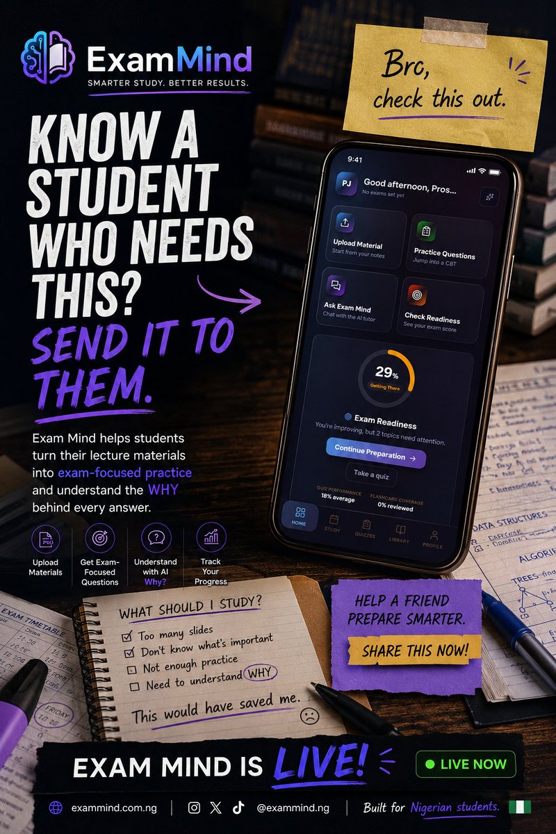 ProsperJos95600's tweet photo. You have the PDFs.
You have the slides.
You have the past questions.
But do you actually know what to study?
That's the problem.

Exam Mind helps you turn your lecture materials into exam-focused practice, understand the WHY behind answers, ask an AI teaching assistant and lots m https://t.co/Au2lN1Uy1K