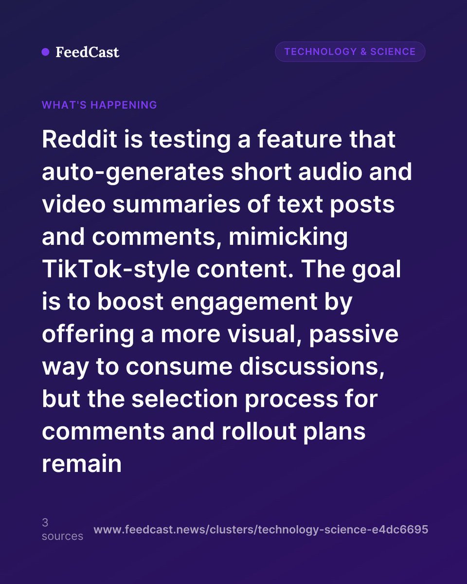 mafe_111's tweet photo. Reddit turns posts into AI-powered video summaries. Three outlets are covering this—read the neutral brief and every source on FeedCast. https://t.co/4XP7UrAvuv