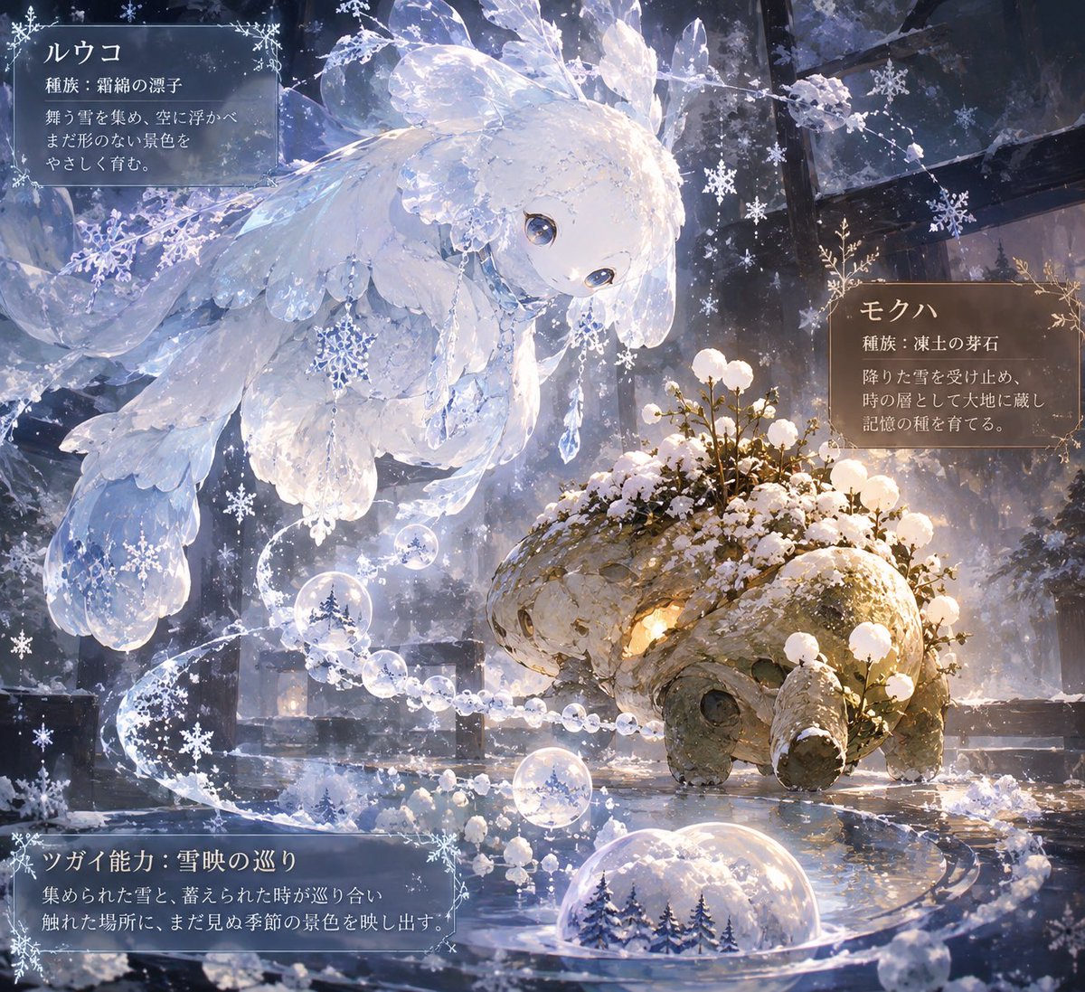 atelier_de_io's tweet photo. 名前から「ツガイ」を引き出してみました✨

今回の見本は「雪ん子」❄️

同じ名前で2回引き出してみたら……
現れたのは、まったく違う二組のツガイ😳

名前は同じでも、
その時に結ばれる二体も、関係も、能力も違う。

あなたの名前からは
どんな二体が現れるかな？👀✨

遊んでみたい方はリプ欄のプロンプトからどうぞ🙌

※AIの自由な発想を楽しむ創作企画です
