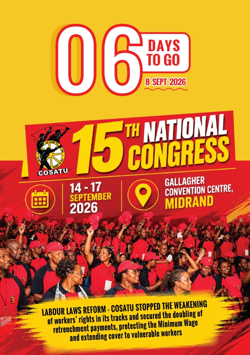 _cosatu's tweet photo. Members of #COSATU affiliates are preparing to participate in the coming 15th National Congress at Midrand from the 14th until the 17th of September 2026

#Cosatu15thCongress
#WorkerControl 
#ClassWar 
@Newzroom405 @Refiloe https://t.co/HJS3dZLeYi