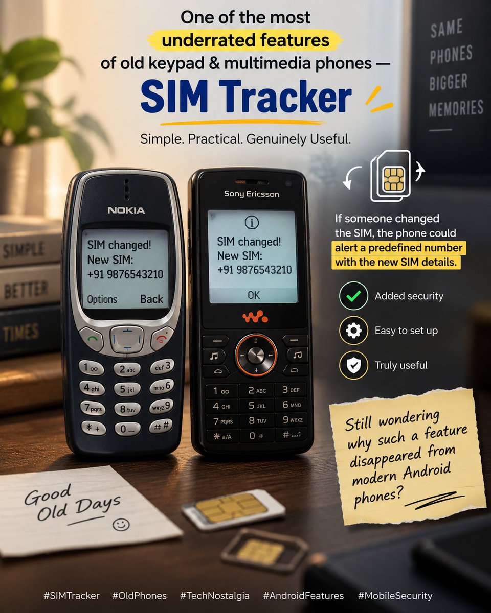 imustafasanaul's tweet photo. One of the most underrated old-phone features—SIM Tracker. 📱🔐 If someone changed the SIM, it could alert a predefined number with the new SIM details. Simple yet useful. Why did this disappear from modern Android?

#SIMTracker #OldPhones  #AndroidFeatures #MobileSecurity https://t.co/4LtT49fRf2