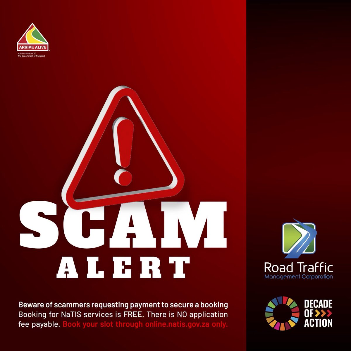 TrafficRTMC's tweet photo. Beware of scammers requesting payment to secure a booking . Booking for NaTIS services is FREE. 

There is NO application fee payable. 
Book your slot through https://t.co/3hqgFWbV14 only.
#ScamAlert #NaTIS #OnlineServices https://t.co/Mydq8x3yK2