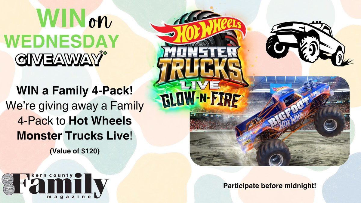 elina47's tweet photo. WIN ON WEDNESDAY! We’re giving away Hot Wheels Monster Trucks LIVE tickets! Enter now for a family 4-pack to the August 22 show at Dignity Health Arena. Mega Wrex, Tiger Shark, Bone Shaker, Bigfoot, Skelesaurus, and more hit Bakersfield! https://t.co/0WgrxhA0Na