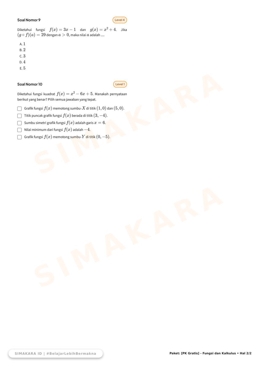tehtarikmikir's tweet photo. 📄𖥔 ݁ ˖┊𝐋𝐀𝐓𝐈𝐇𝐀𝐍 𝐒𝐎𝐀𝐋 𝐏𝐊/𝐏𝐌 #𝟎𝟐 ₊ ⌇ 🧮

📂MATERI FUNDAMENTAL :
https://t.co/kwqJiqwqll
• Himpunan, Relasi, dan Fungsi
• Fungsi dan Invers
• Komposisi Fungsi
• Pemfaktoran dan Persamaan Kuadrat

📑AKSES SOAL :
╰┈➤https://t.co/jiWXurX3Ez https://t.co/CVMCLbFd1L