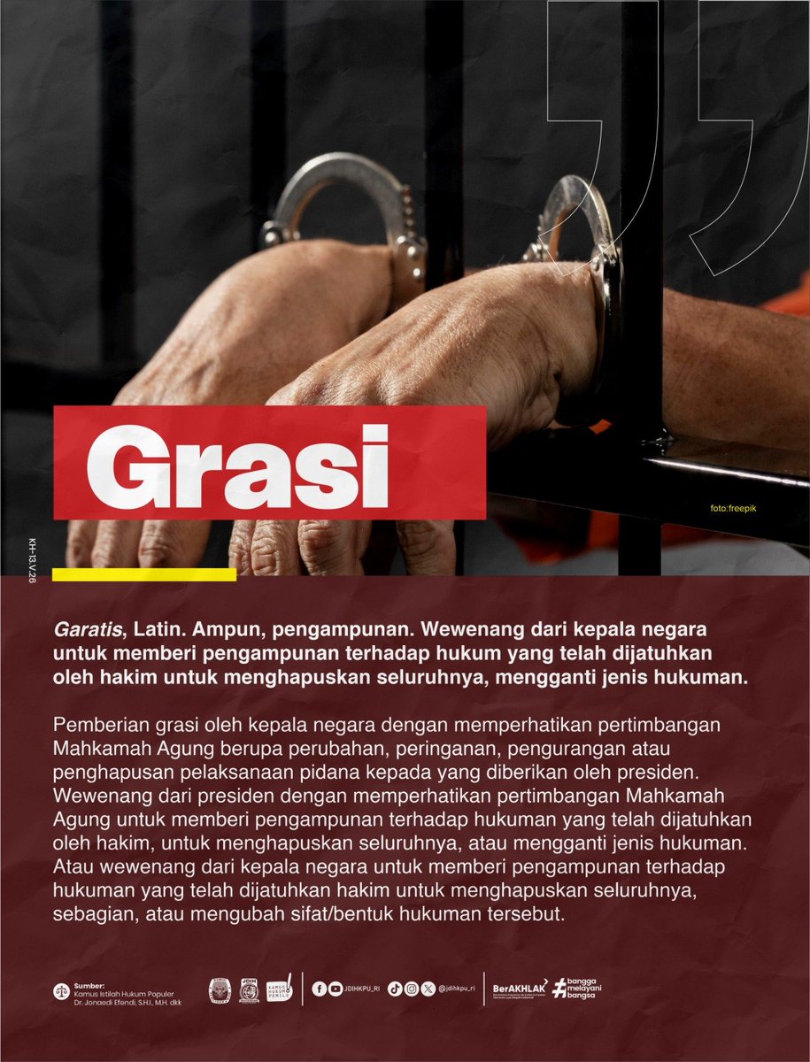 JDIHKPU_RI's tweet photo. Halo #sobatJDIH
Grasi adl pengampunan yg diberikan Presiden kpd seseorang yg telah dijatuhi pidana, dgn memperhatikan pertimbangan Mahkamah Agung. 

Grasi dpt berupa peringanan, pengurangan, perubahan, atau penghapusan pelaksanaan pidana, tetapi tdk menghapus kesalahan terpidana https://t.co/XTjwFGIlk5