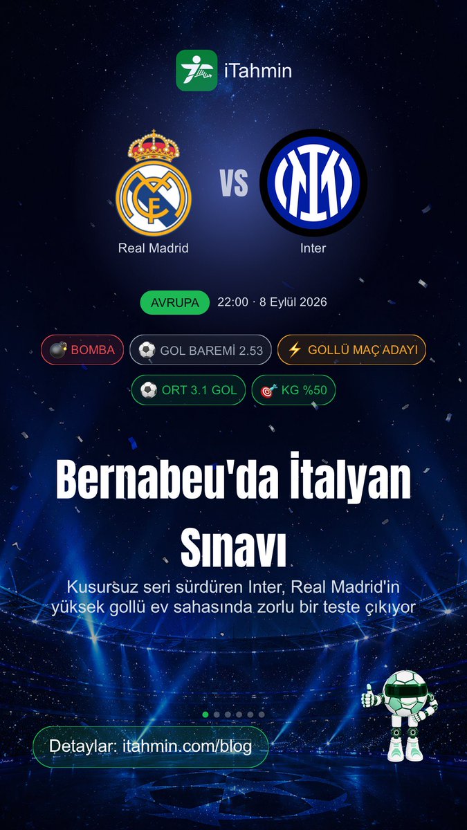 itahmin_com's tweet photo. Bugün Avrupa kupalarında gözler dört bir yanda; Bernabéu'da İtalyan bir ekip Real Madrid sınavına çıkıyor. 
Atina'da savunmaların zayıflığı iki takımı da gole doyurabilir. Aston Villa'nın son haftalardaki form düşüşü Brugge'e deplasmanda umut veriyor. 
Dragao'da Porto, City karşısında kalesini gole kapatmaya çalışacak. 
Dortmund'un kendi sahasındaki gollü maç istatistikleri bu akşam da tekrarlanabilir. Lille'in üretken hücumu ise Betis savunmasını zorlu bir sınavdan geçirecek. 

Tüm bu maçların istatistiklerini ve analizlerini kartlarda bulabilirsiniz.
🔗 Detaylar: https://t.co/fl5oGNaNEn
📥 İndir: https://t.co/PEW48gsVpm
Avrupa Şampiyonu Serhat Kılıç Vargas #iTahmin #Futbol #MacAnalizi #RealMadrid #InterMilan #AEKAthens