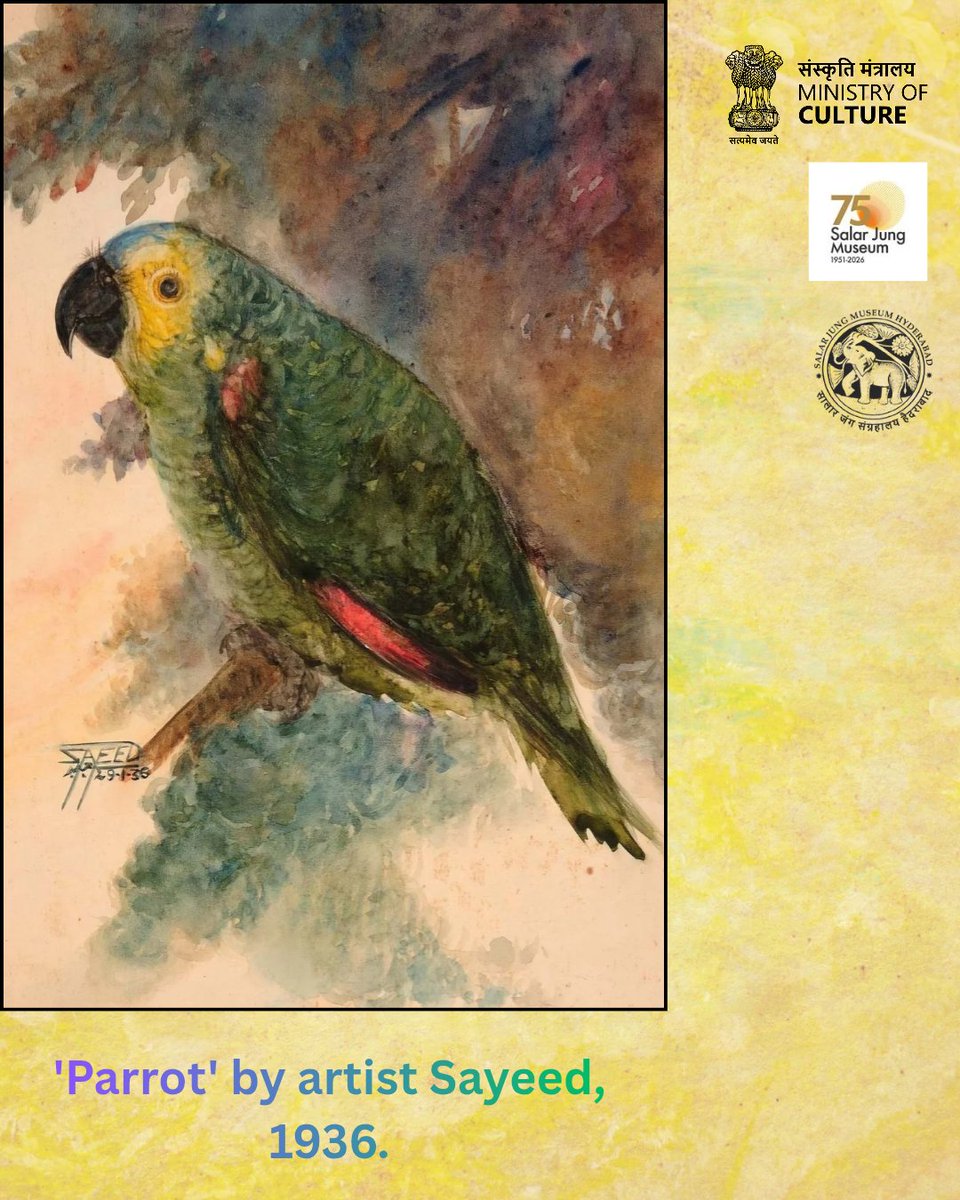 sjmhyd's tweet photo. Perched gracefully upon a branch, a vibrant parrot sits as a timeless symbol of resilience, focus, and vivid beauty. Captured in 1936 by artist Sayeed, this masterpiece elevates a simple moment in nature into a profound reflection of life.
#SJM75 #PlatinumJubilee https://t.co/LRK3hqTUCM