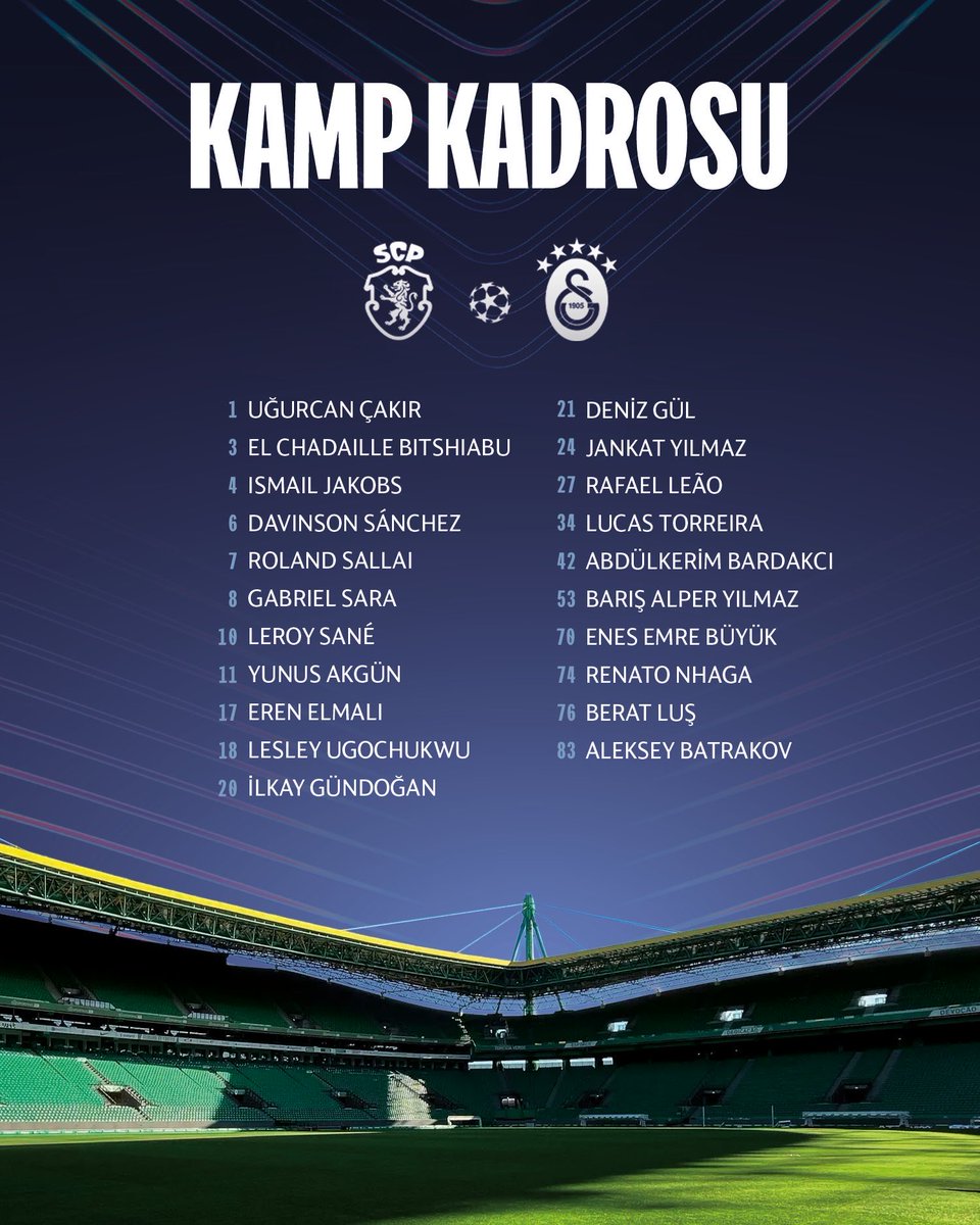 P4otopark's tweet photo. Galatasaray'ın Sporting Lisbon maçı kamp kadrosu👇  

❌ Victor Osimhen
❌ Mario Lemina
❌ Wilfried Singo
❌ Günay Güvenç https://t.co/YETOBSAJTC