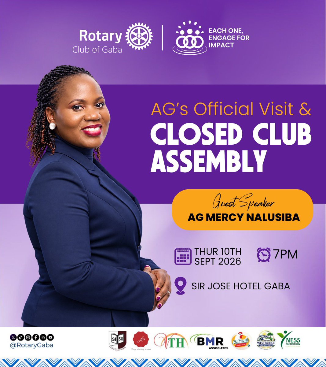 Rotaryclubgaba's tweet photo. DO NOT BOUNCE at RC GABA!
This Thursday, 10th Sept, weโre having our Closed Club Assembly as we host our Assistant Governor Mercy Nalusiba.
See you all next week on Thursday.
#RotaryGaba #AGsVisit https://t.co/xXZWQ5oLfi
