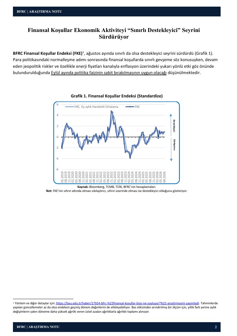 BahcesehirBFRC's tweet photo. BFRC Finansal Koşullar Endeksi (FKE), ağustos ayında sınırlı da olsa destekleyici seyrini sürdürdü. Jeopolitik riskler ve enerji fiyatlarının enflasyon üzerindeki yukarı yönlü etkisi dikkate alındığında, eylül ayında politika faizinin sabit bırakılmasının uygun olacağı değerlendirilmektedir. Raporun tamamına web sitemizden ulaşabilirsiniz: https://t.co/BXTu0BsYdp