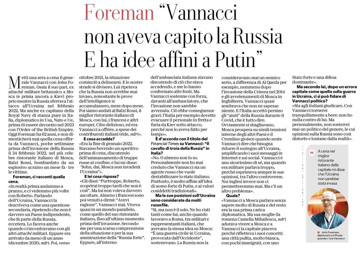 MatteoPugliese's tweet photo. John Foreman, ufficiale della Royal Navy ed ex addetto militare britannico a Mosca quando c'era Vannacci, tenne svariate riunioni con i suoi omologhi NATO e insieme all'addetto americano cercarono di avvertirli dell'imminente invasione russa dell'Ucraina. https://t.co/QN5aQrrCrH