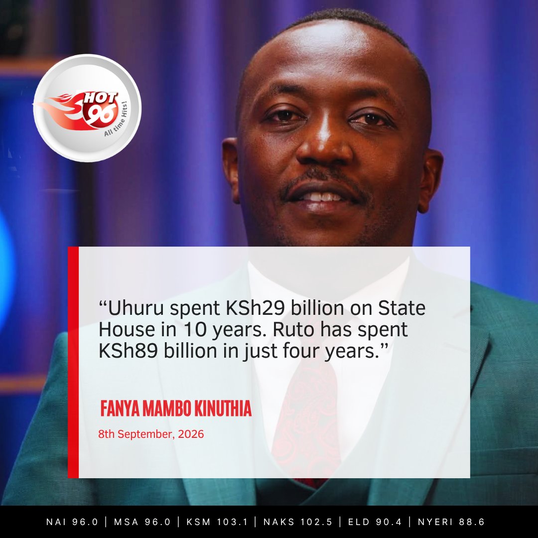 Hot_96Kenya's tweet photo. “Uhuru spent KSh29 billion on State House in 10 years. Ruto has spent KSh89 billion in just four years.” - @mambo_fanya 

#TheDocket 
#TheHotBreakfast https://t.co/i6ssEWbEbZ