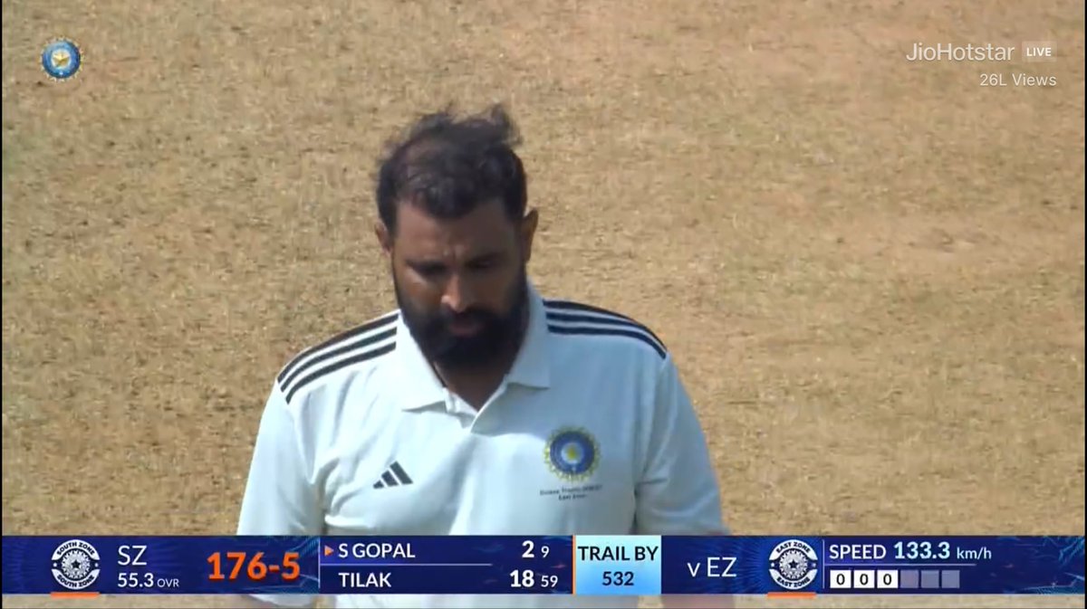 prateek_295's tweet photo. Mohammed Shami is bowling like this on a flat pitch of Chennai in Duleep Trophy final

But Agarkar wants us to believe that Siraj is our best pacer in Bumrah’s absence 😭 https://t.co/Vi6MP4CyPo