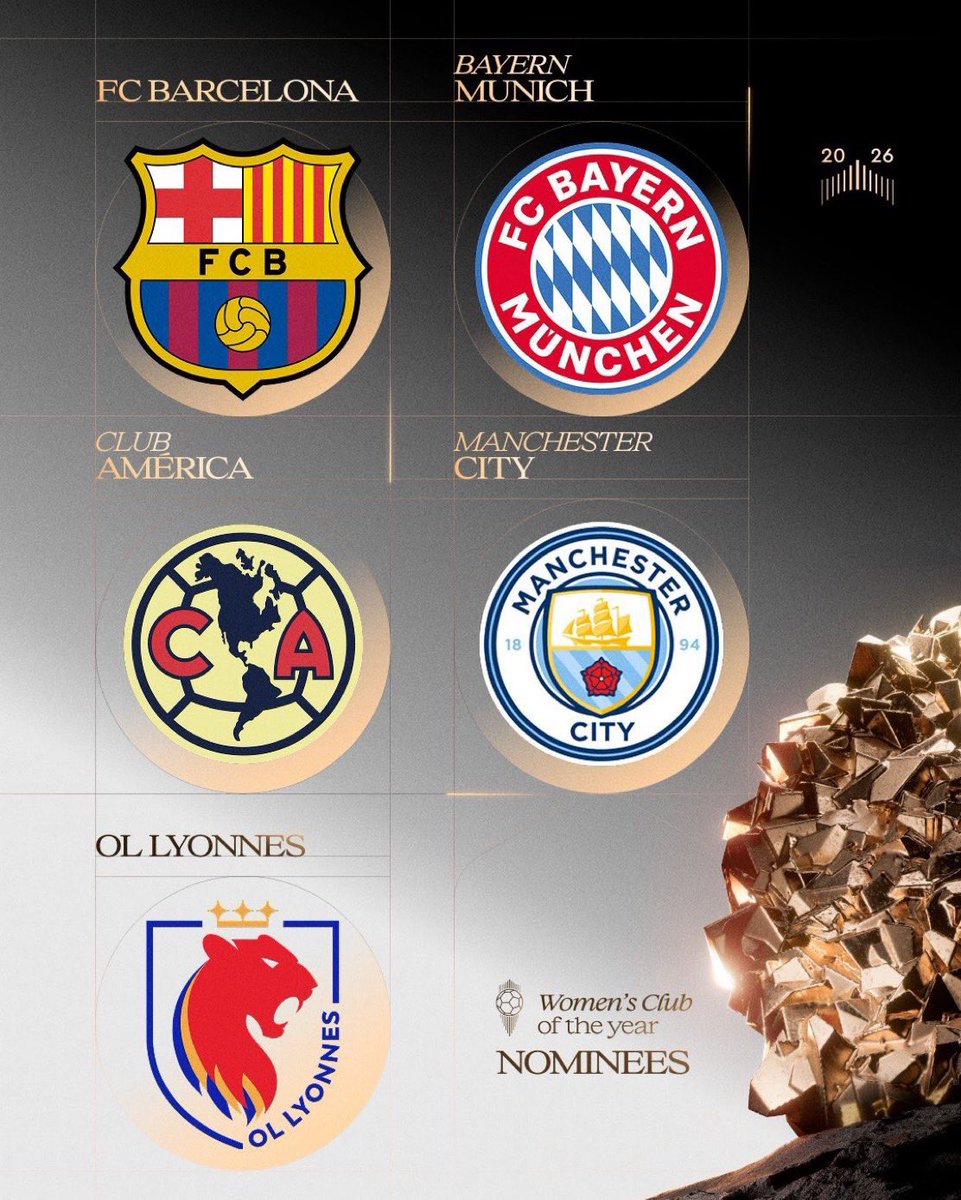 BantsRantsky's tweet photo. 🚨 𝗢𝗙𝗙𝗜𝗖𝗜𝗔𝗟: Nominees for the 2026 Ballon d'Or Women's Club of the Year.

• Barcelona 
• Bayern Munich
• Club America 
• Manchester City 
• Lyon https://t.co/5rgj9nxJwf