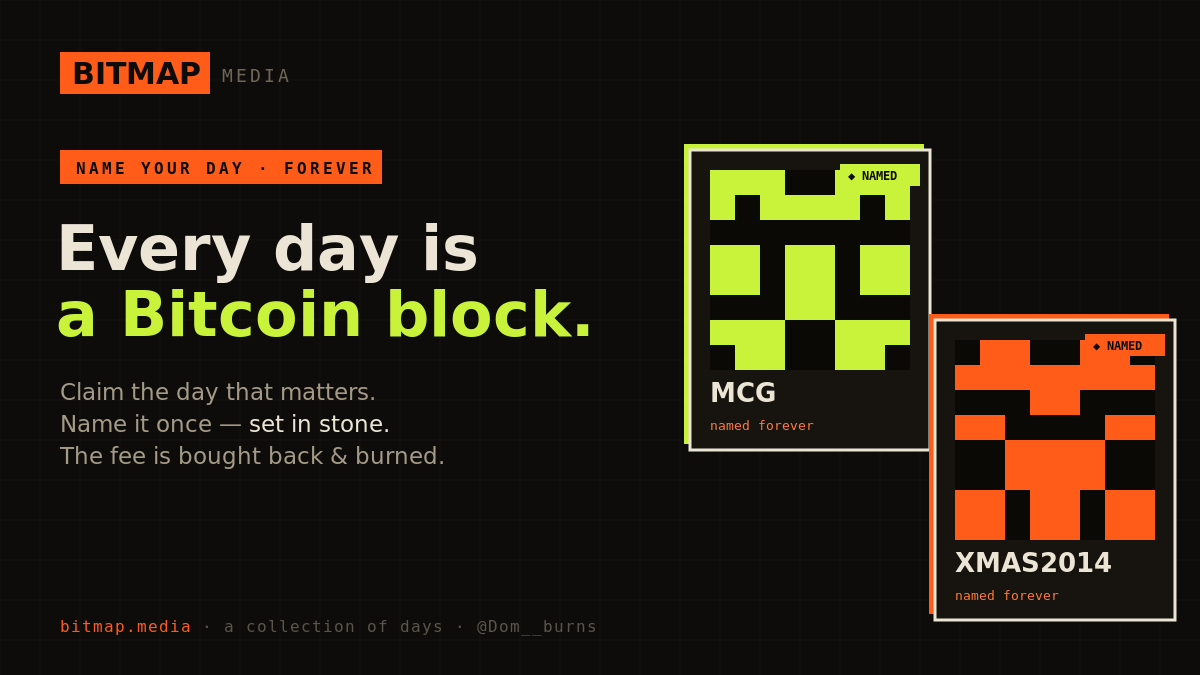 Dom__burns's tweet photo. ◈ Every meaningful day is a Bitcoin block — and now you can name yours.

Claim the day that matters. Name it once — permanent, set in stone. The naming fee is used to buy back and burn #DOM. 🔥

Browse a collection of named days → https://t.co/6vNt7zukhE

#DOM #ICP #BIC #bitmap https://t.co/rPsIg7yxjm