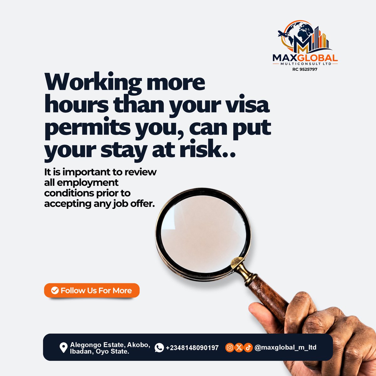 maxglobal_m_ltd's tweet photo. Did you know working more hours than your visa permits you, can put your stay at risk?
#DidYouKnow #TravelLoan #TravelProcessing #WorkVisa #Outsourcing https://t.co/0JDx8FJmNs