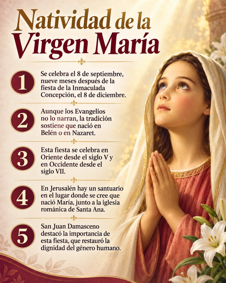 news_vaticano's tweet photo. 🌹 Hoy celebramos la Natividad de la Santísima Virgen María: el nacimiento de María, la niña elegida por Dios para ser la Madre de Jesucristo.

La Iglesia se alegra porque, con su llegada al mundo, comienza a despuntar la aurora de nuestra salvación. De santa Ana y san Joaquín nació aquella de quien nacería el Salvador.

El 8 de septiembre es también la fiesta de numerosas advocaciones marianas repartidas por toda la cristiandad: Nuestra Señora de Guadalupe en Extremadura, la Virgen de Covadonga, la Fuensanta, la Victoria, la Cinta, la Virgen de Nuria, la Caridad del Cobre en Cuba o la Virgen del Valle en Venezuela, entre muchas otras.

Distintos nombres, pueblos y tradiciones para honrar a una misma Madre.

¡Feliz cumpleaños, Virgen María! Cuida de todos tus hijos y condúcenos siempre hasta Jesús. 🙏