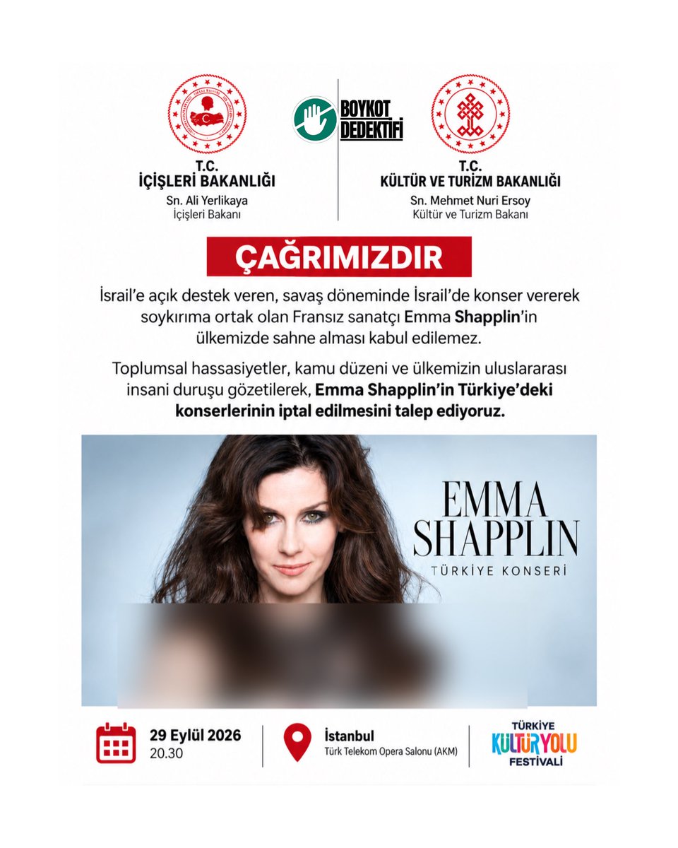 ErdemOzveren571's tweet photo. “İsraillileri çok seviyorum”,
“İsrail’le aramızda çok yoğun ve karşılıklı bir bağ var” diyen; savaş döneminde İsrail’e gitmesinin kendisi için önemli olduğunu söyleyen ve İsraillilerin “burada olmanız bize güç verdi” demesi üzerine “Zaten bunun için buradayım” ifadelerini kullanan Fransız şarkıcı Emma Shapplin, 25 Eylül 2026’da Ankara’da, 29 Eylül 2026’da ise İstanbul’da konser verecek.

@TC_icisleri , @TC_istanbul - @TCKulturTurizm