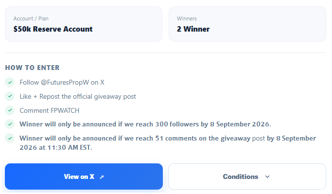 FuturesPropW's tweet photo. 🚨 𝗚𝗜𝗩𝗘𝗔𝗪𝗔𝗬 𝗨𝗣𝗗𝗔𝗧𝗘 🚨

The giveaway has officially ended, but unfortunately, not all of the required giveaway conditions were fulfilled.

Because the stated conditions were not met, we cannot announce a winner for this giveaway.

We appreciate everyone who participated and supported us. ❤️

🎁 More giveaways coming soon — with fewer conditions. Stay tuned!