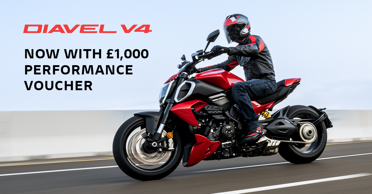DucatiUK's tweet photo. Receive a complimentary £1,000 Ducati Performance voucher upon purchase of a new Diavel V4: https://t.co/DDMshEJimo https://t.co/hqOHTkxL3l