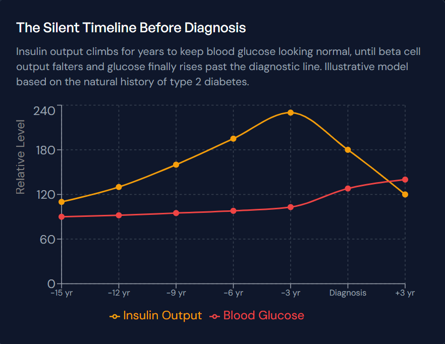 EPTplatform's tweet photo. By the time a lab report reads type 2 diabetes, the body has usually been working around the problem for ten years or more.

The mechanism is a race between two curves. Insulin output climbs year after year to keep glucose looking normal on paper. The pancreas is compensating, and the compensation is expensive. Then the beta cells falter, output falls, and glucose finally crosses the diagnostic line.

Which means a standard test catches it after the phase that responded best to change has already been running for a decade.

The scale of the blind spot is the part most people don't know. Roughly 97.6 million American adults have prediabetes, about 38% of the adult population. More than 8 in 10 of them have no idea. Among adults 65 and older, nearly half meet the criteria.

And this is the window where intervention works best. In the Diabetes Prevention Program, structured lifestyle change cut progression to type 2 diabetes by 58% over about 2.8 years. Metformin cut it by 31%. The lifestyle arm beat the drug, and the effect was still visible at 22 years.

The lifestyle arm wasn't exotic: a 7% reduction in body weight and at least 150 minutes of activity a week. That was the whole recipe.

A fasting glucose and an A1C are inexpensive and widely available. They're also the only way to see what your blood is actually doing.