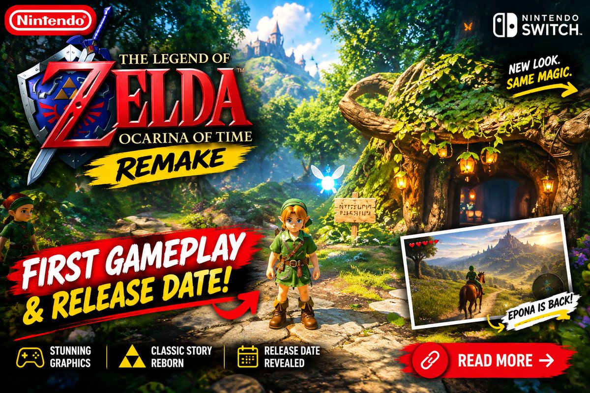 S_car_let_t's tweet photo. 🎮 BIG Zelda news! Nintendo has revealed the first gameplay footage of the Ocarina of Time remake—and the release date is finally here! 👀🔥
👉 See the gameplay &amp; release details: Full Story⁠�
#Nintendo #Zelda #OcarinaOfTime #NintendoSwitch #Gaming #GameNews https://t.co/DYB46admeq